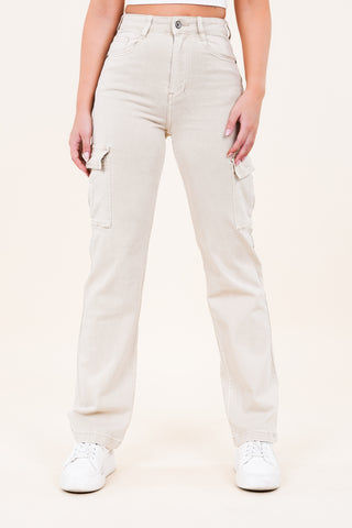 Cargo pants beige met stretch en high waist model - Abby