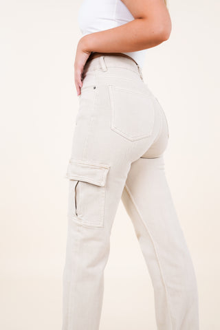 Cargo pants beige met stretch en high waist model - Abby