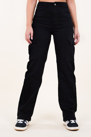 Cargo pants zwart met stretch en high waist model - Abby