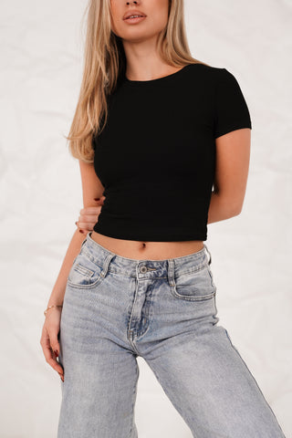 Cropped top met rib zwart - Shirley