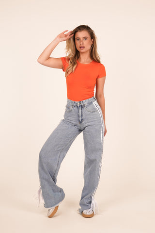 Wide leg jeans met bies en strik blauw - Jady