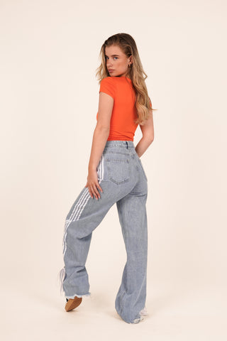 Wide leg jeans met bies en strik blauw - Jady