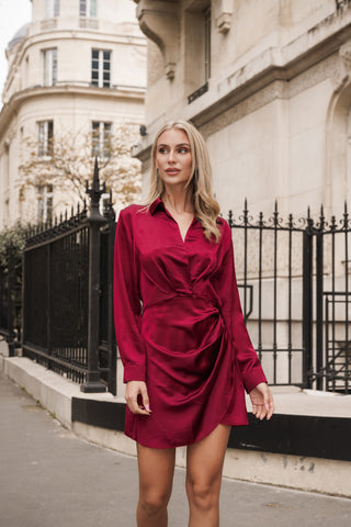 Satin jurk met lange mouwen burgundy - Xeni