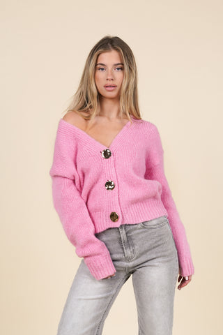 Cardigan gebreid met gouden knopen roze - Mira