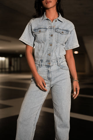 Jumpsuit denim met korte mouw blauw - Jenna