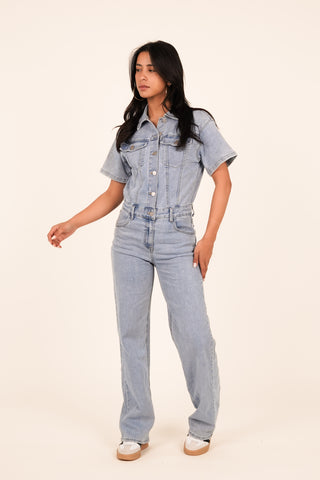 Jumpsuit denim met korte mouw blauw - Jenna