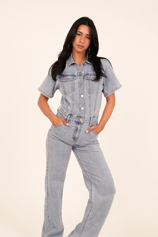 Jumpsuit denim met korte mouw blauw - Jenna