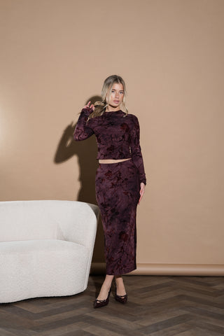 Maxi rok met velvet print burgundy - Kiara