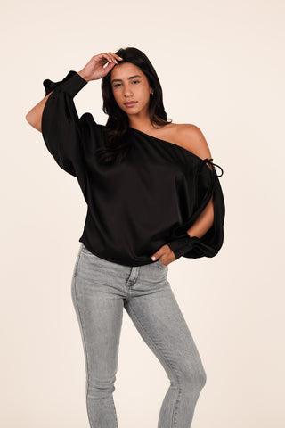 One shoulder satin top zwart - Djessy