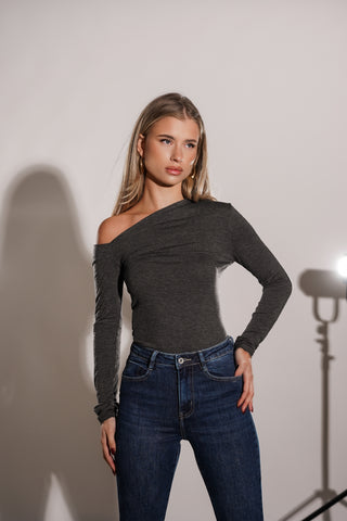 One shoulder top grijs - Veerle