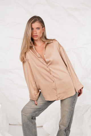 Oversized satin blouse taupe - Madelon