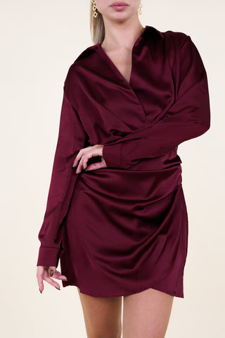 Satin jurk met lange mouwen burgundy - Xeni