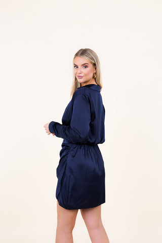 Satin jurk met lange mouwen donker blauw - Xeni