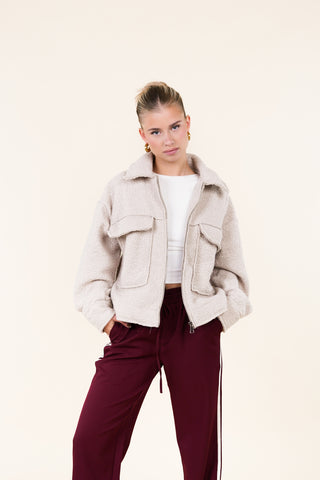 Teddy bomber jacket met rits beige - Xaja