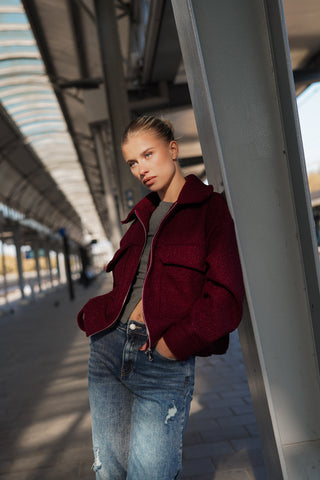 Teddy bomber jacket met rits burgundy - Xaja