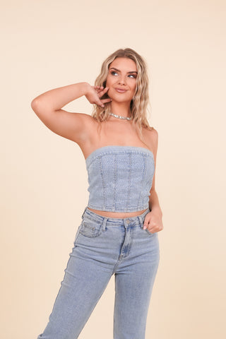 Bandeau top denim blauw met strass steentjes