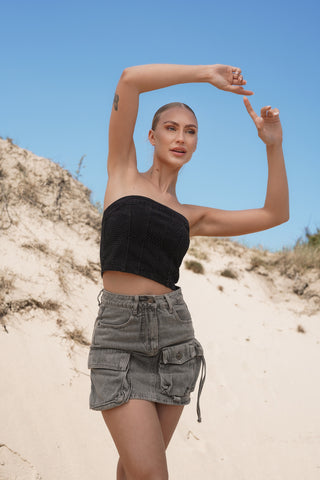 Bandeau top denim zwart met strass steentjes