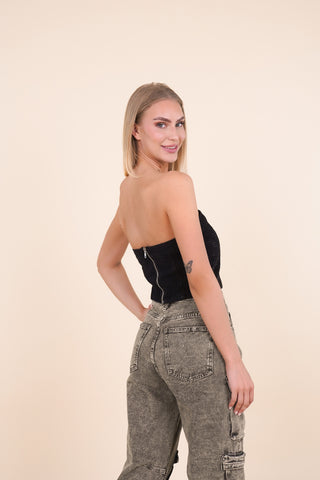 Bandeau top denim zwart met strass steentjes