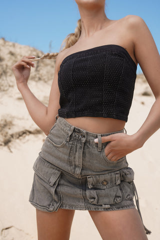 Bandeau top denim zwart met strass steentjes