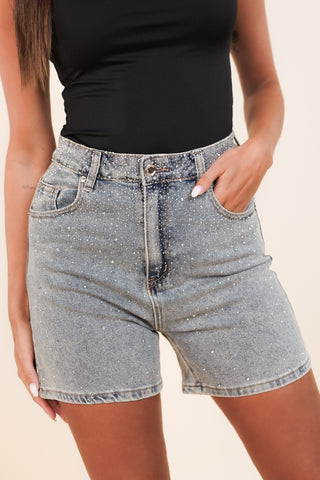 Denim bikershort met studs en acid wash blauw