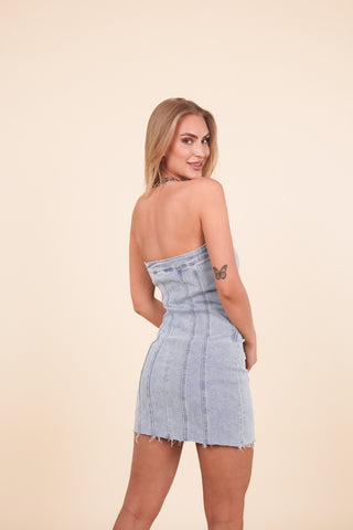 Denim mini jurk strapless blauw