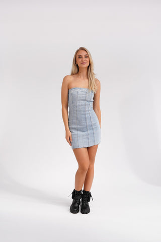 Denim mini jurk strapless blauw