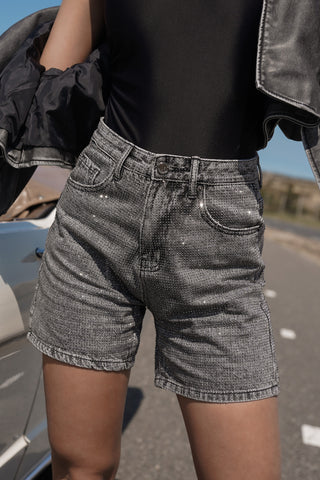 Denim short lang model met strass grijs