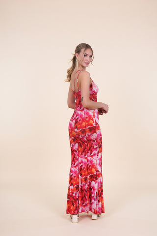 Jurk maxi met bloemenprint en kant rood