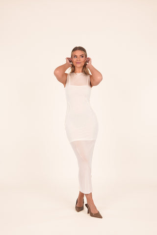 Maxi jurk met mesh stof en halter creme