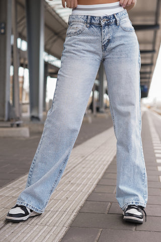 Straight leg broek blauw  met dubbele tailleband